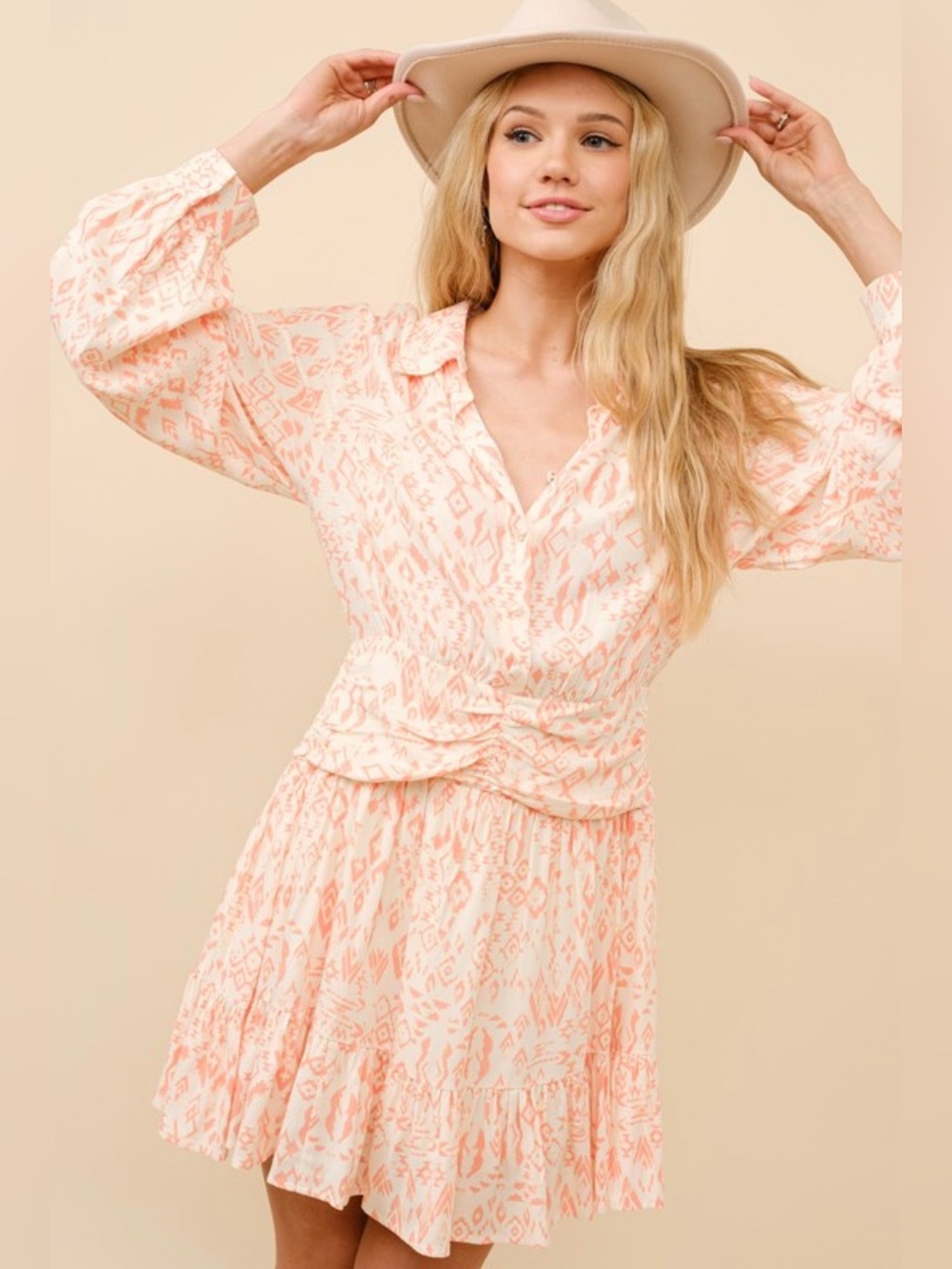 Soft Peach Printed Mini Shirtdress with Tie Waist
